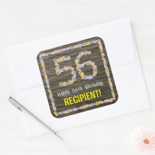 Sticker Carré 56e anniversaire : numéro floral, Faux Wood Look, 