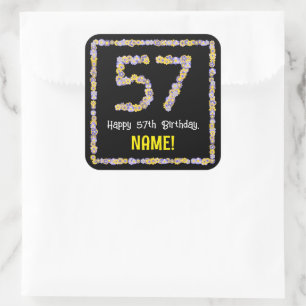 Sticker Carré 57e anniversaire : Floral Flowers Numéro, Nom pers