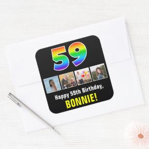 Sticker Carré 59e anniversaire : Arc-en-ciel "59"; photos et nom