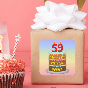 Sticker Carré 59e anniversaire : Fun Cake and Candles + Nom pers