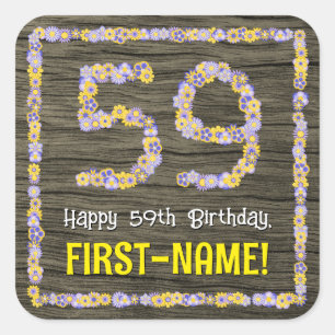 Sticker Carré 59e anniversaire : numéro floral, Faux Wood Look, 