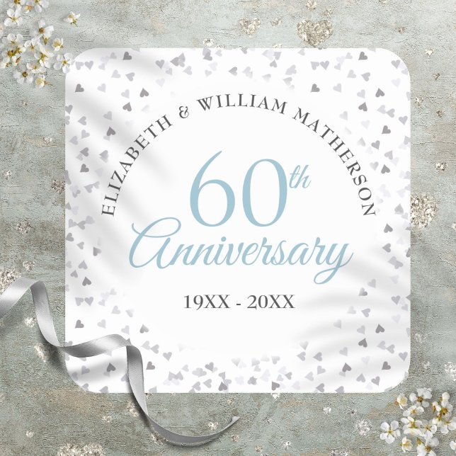 Sticker Carré 60e anniversaire de diamant Coeurs Confetti (60th Diamond Anniversary Hearts Confetti Square Sticker)