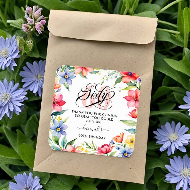 Sticker Carré 60e anniversaire de fête aquarelle Floral (Créateur téléchargé)