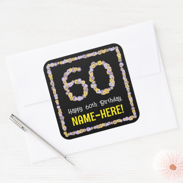 Sticker Carré 60e anniversaire : Floral Flowers Numéro, Nom pers (Enveloppe)
