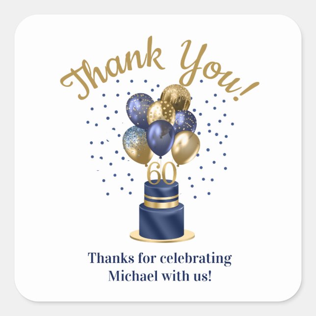 Sticker Carré 60e anniversaire Marine Blue Balloon Cake Merci (Devant)