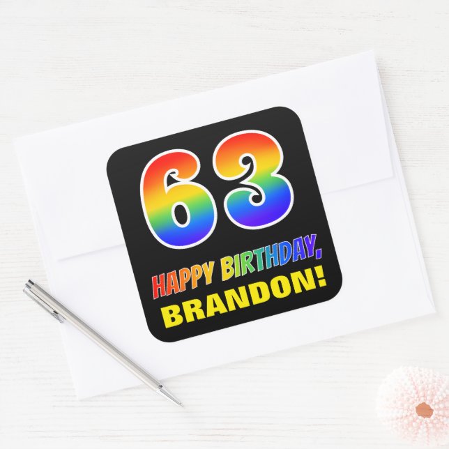 Sticker Carré 63e anniversaire : Bold, amusant, simple, arc-en-c (Enveloppe)