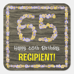 Sticker Carré 65e anniversaire : numéro floral, Faux Wood Look, 
