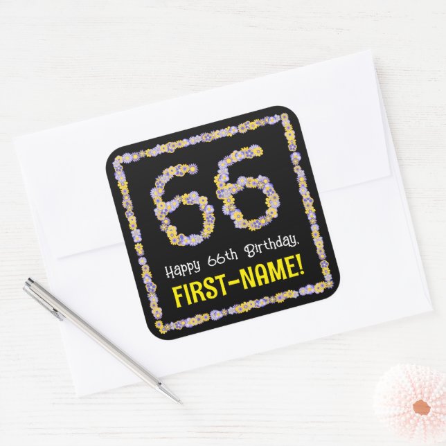 Sticker Carré 66e anniversaire : Floral Flowers Numéro, Nom pers (Enveloppe)