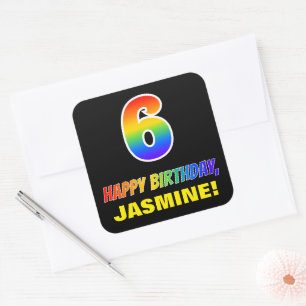 Sticker Carré 6e anniversaire : Gras, amusant, simple, arc-en-ci