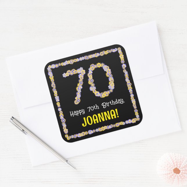 Sticker Carré 70e anniversaire : Floral Flowers Numéro, Nom pers (Enveloppe)