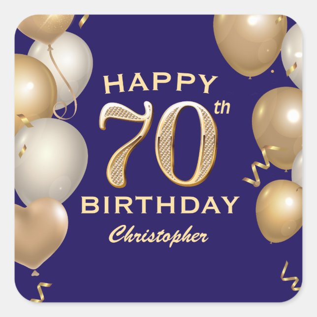 Sticker Carré 70e Anniversaire Marine Bleu et Ballons d'or (Devant)