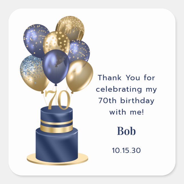 Sticker Carré 70e anniversaire Marine Blue Balloon Cake Merci (Devant)
