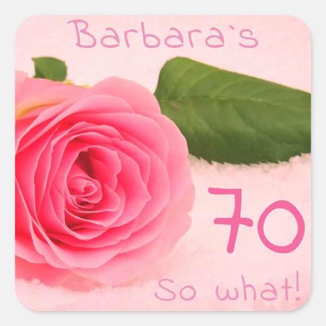 Sticker Carré 70e anniversaire Rose rose Nom personnalisé Motiva (Devant)