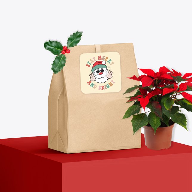 Sticker Carré 70's Retro Santa Claus Stay Merry and Bright (Créateur téléchargé)