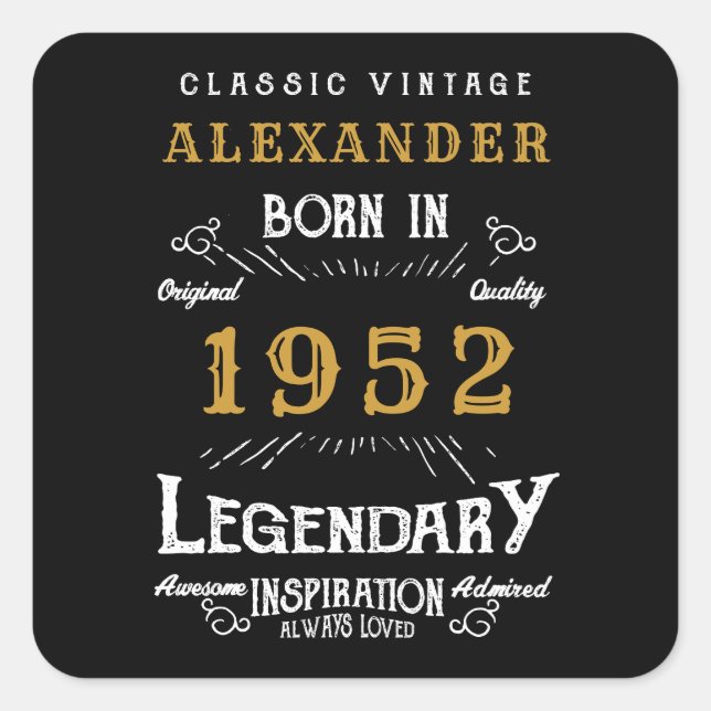 Sticker Carré 70th Birthday 1952 Ajouter Nom Legendary Black Gol (Devant)