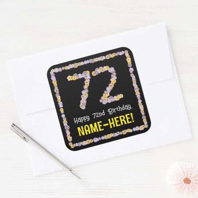 Sticker Carré 72e anniversaire : Floral Flowers Numéro, Nom pers (Enveloppe)
