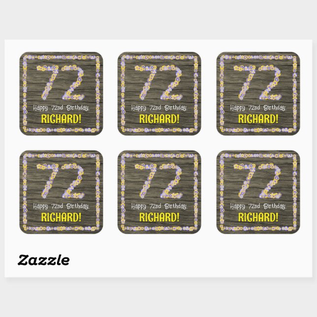 Sticker Carré 72e anniversaire : numéro floral, Faux Wood Look,  (Feuille)