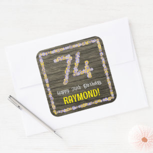 Sticker Carré 74e anniversaire : numéro floral, Faux Wood Look, 
