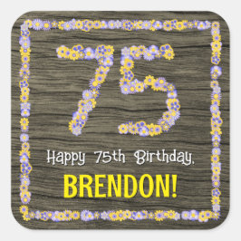 Sticker Carré 75e anniversaire : numéro floral, Faux Wood Look, 