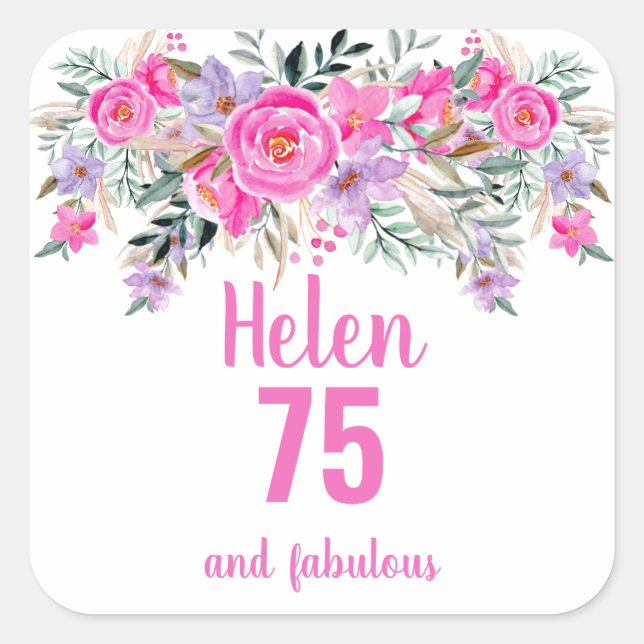 Sticker Carré 75e anniversaire rose aquarelle floral classique (Devant)