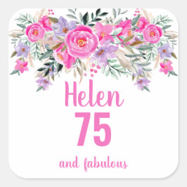 Sticker Carré 75e anniversaire rose aquarelle floral classique