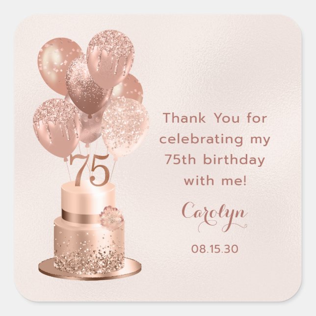 Sticker Carré 75e anniversaire Rose Gold Cake Merci (Devant)