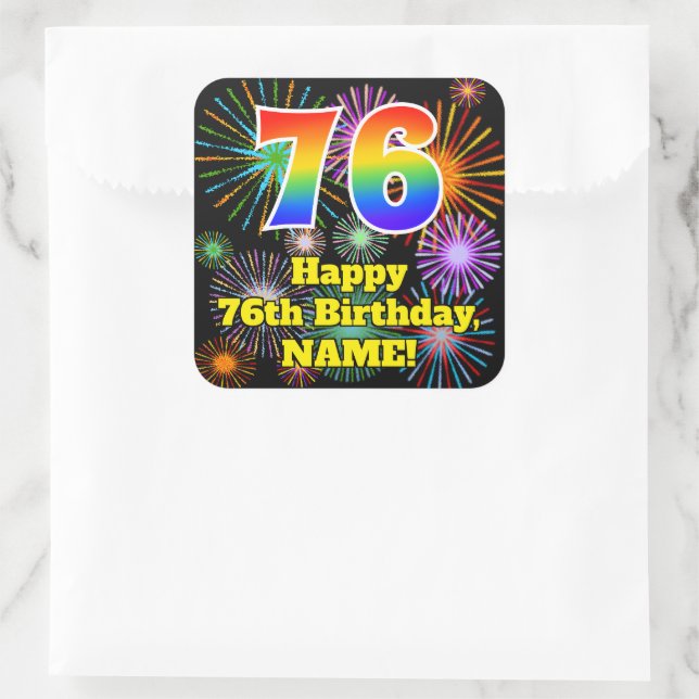 Sticker Carré 76e anniversaire : Fun Fireworks Look, Arc-en-ciel (Sac)