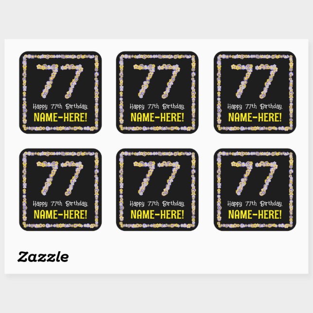 Sticker Carré 77e anniversaire : Floral Flowers Numéro, Nom pers (Feuille)
