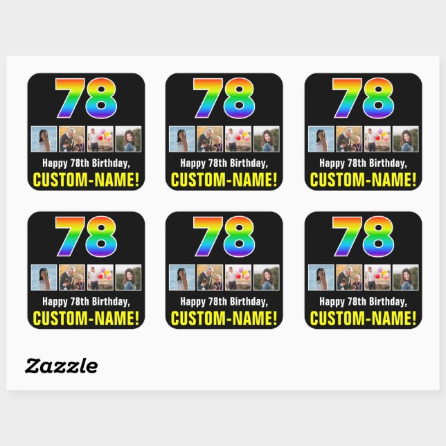 Sticker Carré 78e anniversaire : Arc-en-ciel "78"; photos et nom (Feuille)