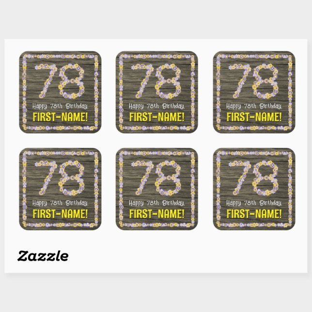 Sticker Carré 78e anniversaire : numéro floral, Faux Wood Look,  (Feuille)