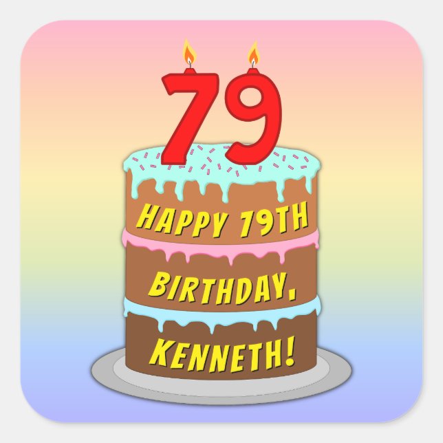 Sticker Carré 79e anniversaire : Fun Cake and Candles + Nom pers (Devant)