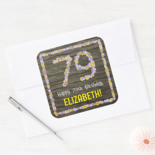 Sticker Carré 79e anniversaire : numéro floral, Faux Wood Look, 
