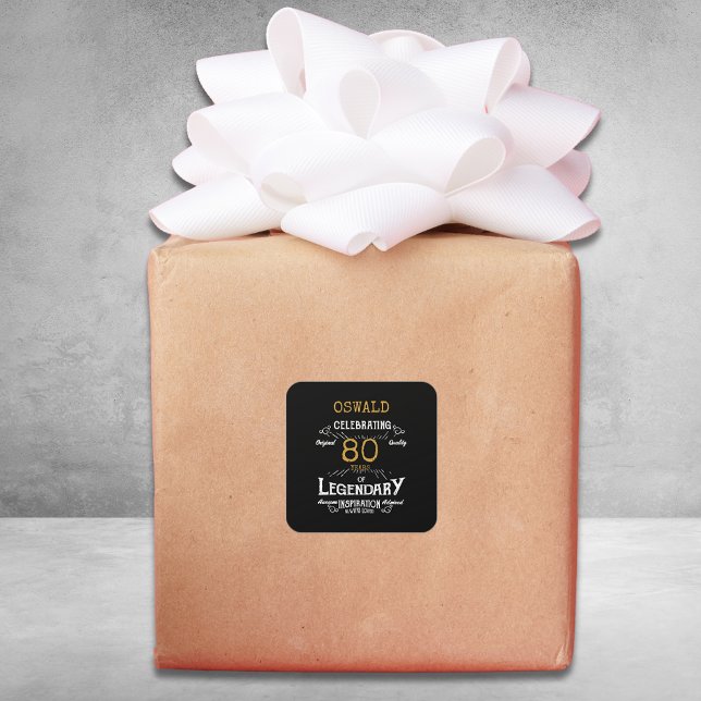 Sticker Carré 80e anniversaire Black Gold Legendary Retro (An elegant paper sticker / label that is easy to customize for that special 80th birthday.)
