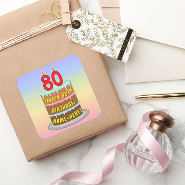 Sticker Carré 80e anniversaire : Fun Cake and Candles + Nom pers (Cadeaux)