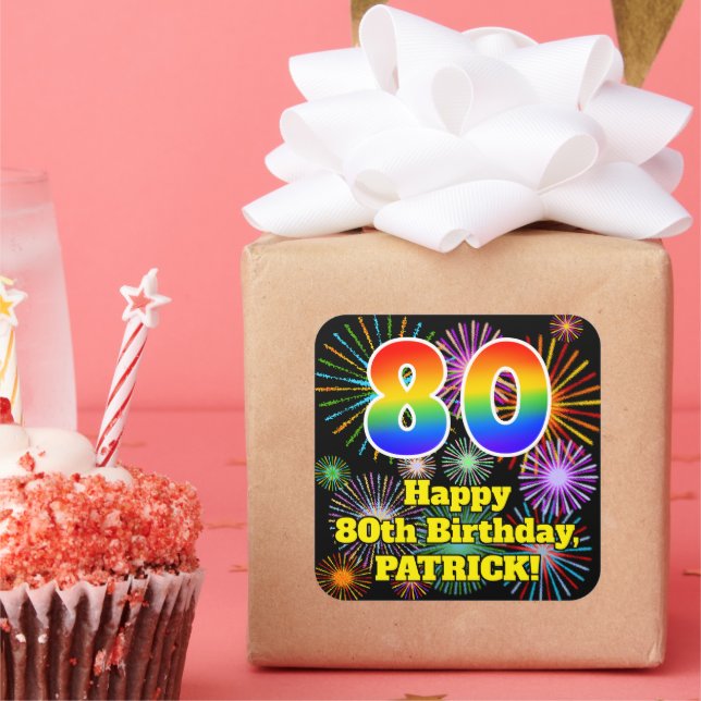 Sticker Carré 80e anniversaire : Fun Fireworks Look, Arc en ciel (Fête)
