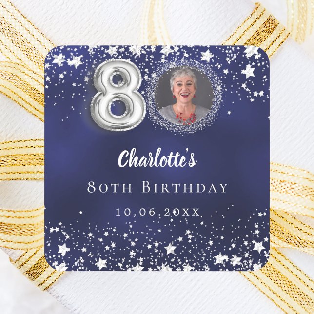 Sticker Carré 80e anniversaire marine bleu argent étoiles photo (Créateur téléchargé)