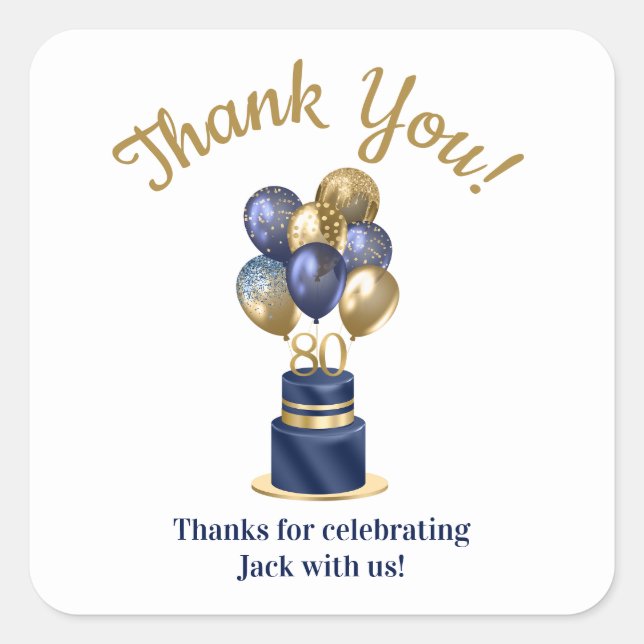 Sticker Carré 80e anniversaire Marine Blue Balloon Cake Merci (Devant)