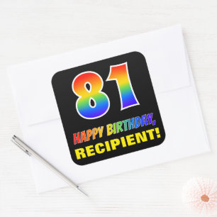 Sticker Carré 81e anniversaire : Gras, amusant, simple, Arc-en-c