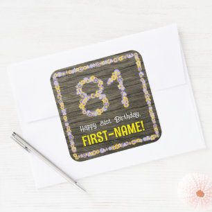 Sticker Carré 81e anniversaire : Numéro floral, Faux Wood Look, 