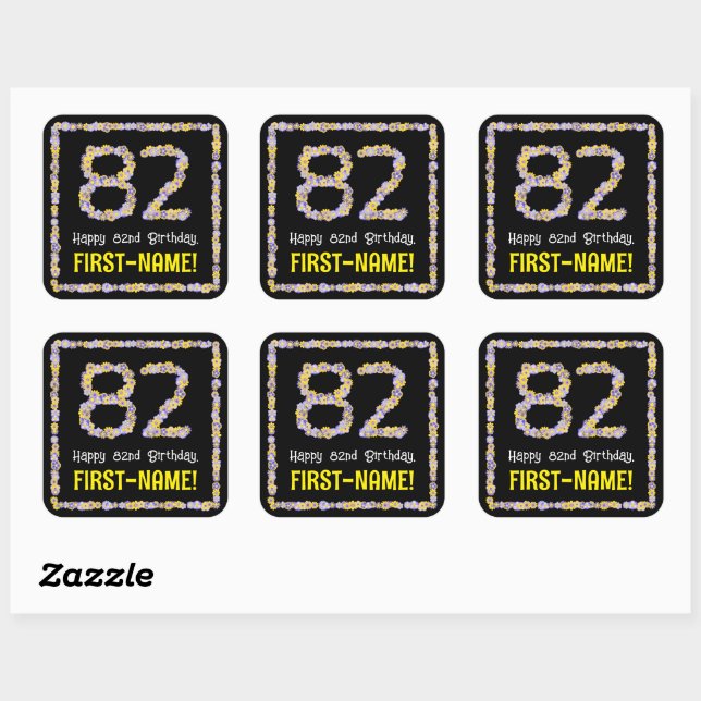 Sticker Carré 82e anniversaire : Floral Flowers Numéro, Nom pers (Feuille)
