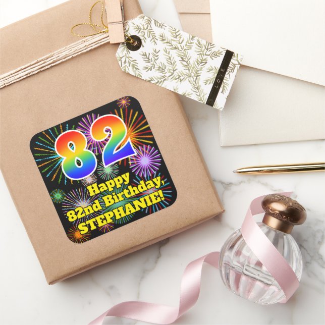 Sticker Carré 82e anniversaire : Fun Fireworks Look, Arc-en-ciel (Cadeaux)