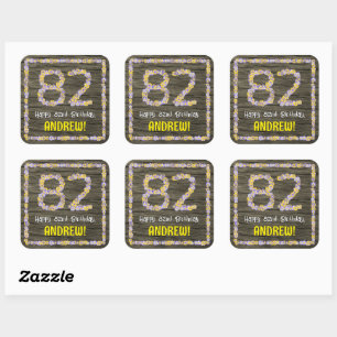 Sticker Carré 82e anniversaire : numéro floral, Faux Wood Look,