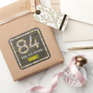 Sticker Carré 84e anniversaire : numéro floral, Faux Wood Look,