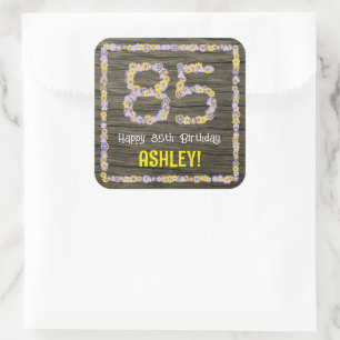Sticker Carré 85e anniversaire : numéro floral, Faux Wood Look, 