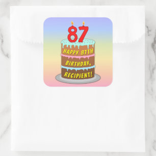 Sticker Carré 87e anniversaire : Gâteau et bougies amusants + No