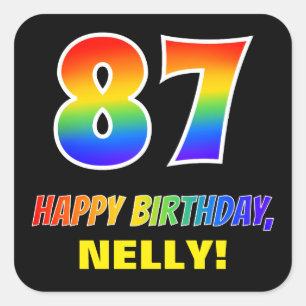 Sticker Carré 87e anniversaire : Gras, amusant, simple, Arc-en-c