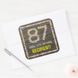 Sticker Carré 87e anniversaire : numéro floral, Faux Wood Look, 