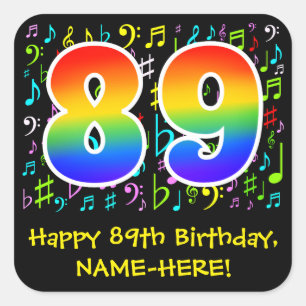Sticker Carré 89e anniversaire : Symboles de musique colorée, A