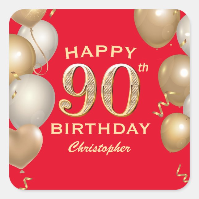 Sticker Carré 90e Anniversaire des Ballons rouges et or (Devant)