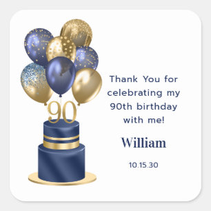 Sticker Carré 90e anniversaire Marine Blue Balloon Cake Merci